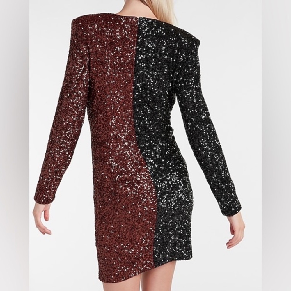 NWT Express Sequin Color Block Faux Wrap Mini Dress Espresso Black - Picture 5 of 15
